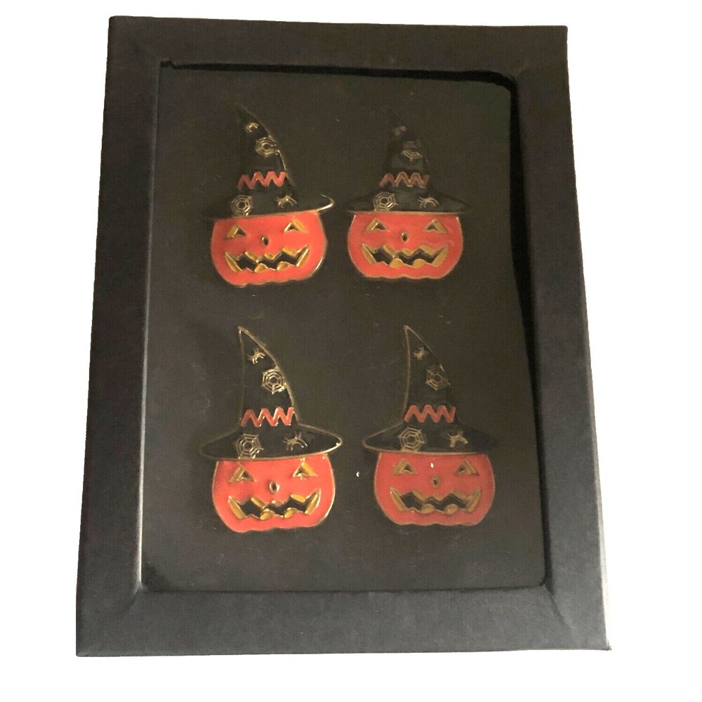 Tahari Home Halloween Napkin Rings Set of 4 Pumpkins with Witch Spider Hat